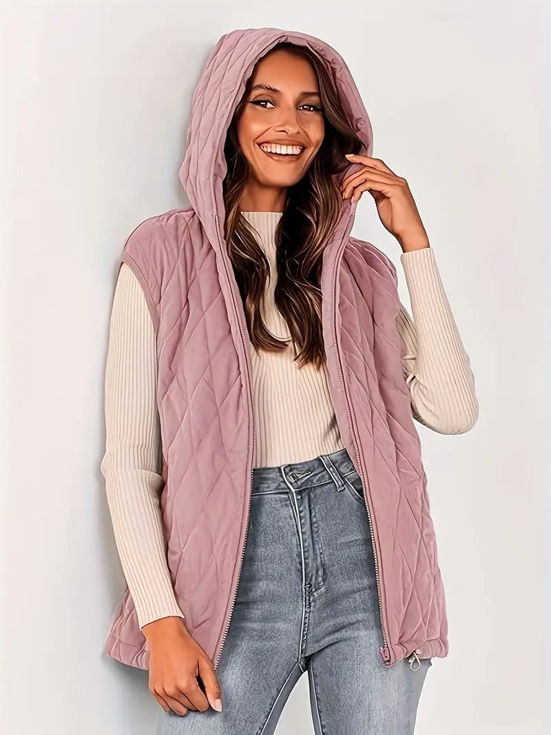 Quilted hooded vest — Diamond pattern, drawstring hem