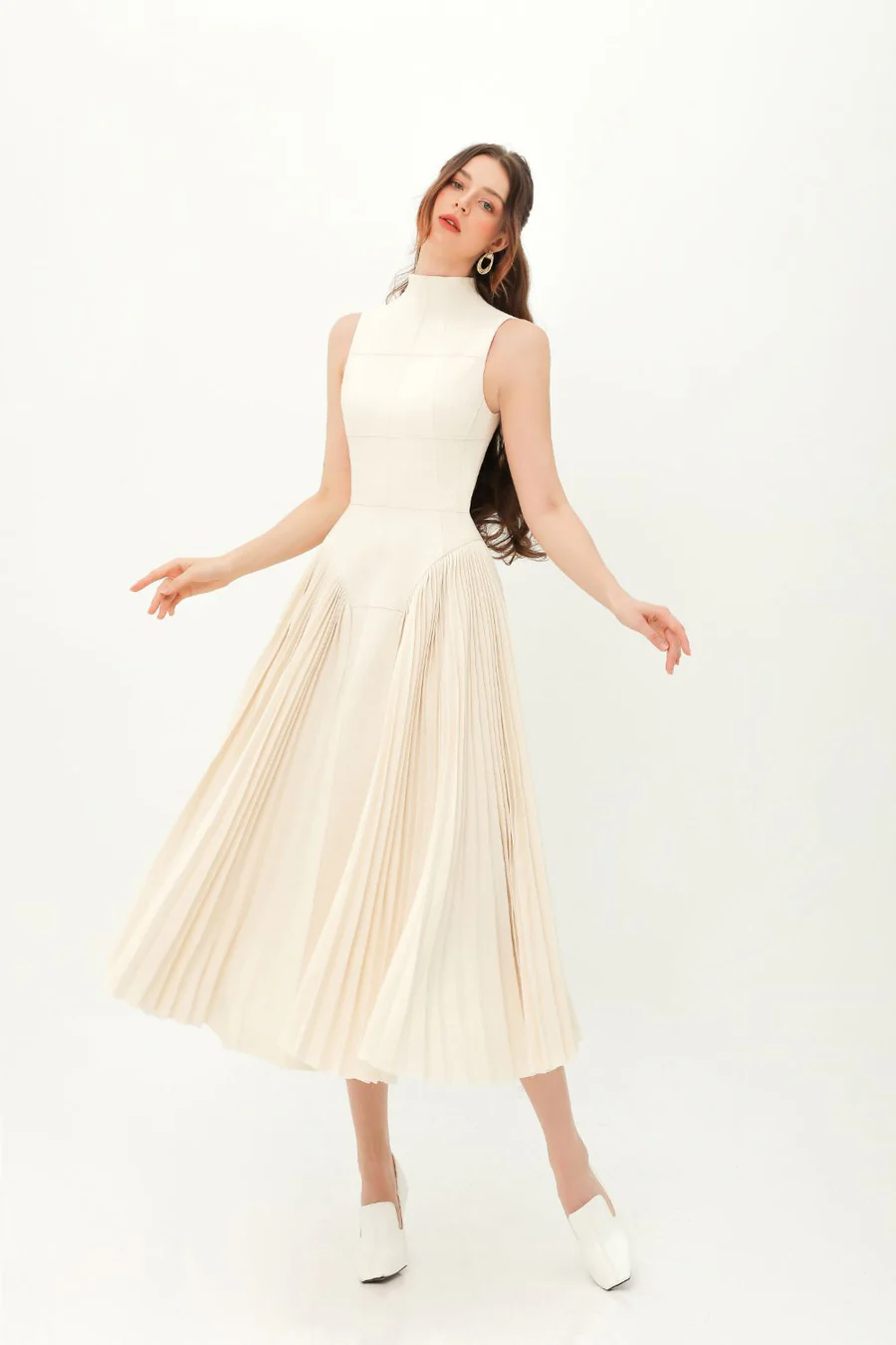 Ivory sleeveless pleated midi dress