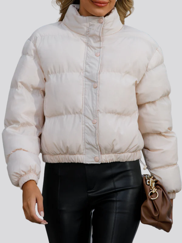 Puffer jacket with stand-up collar and snap button placket