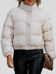 Puffer jacket with stand-up collar and snap button placket