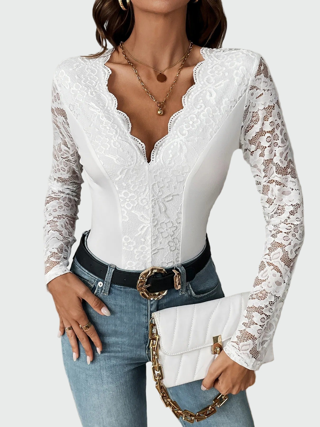 Lace bodysuit with wavy neckline