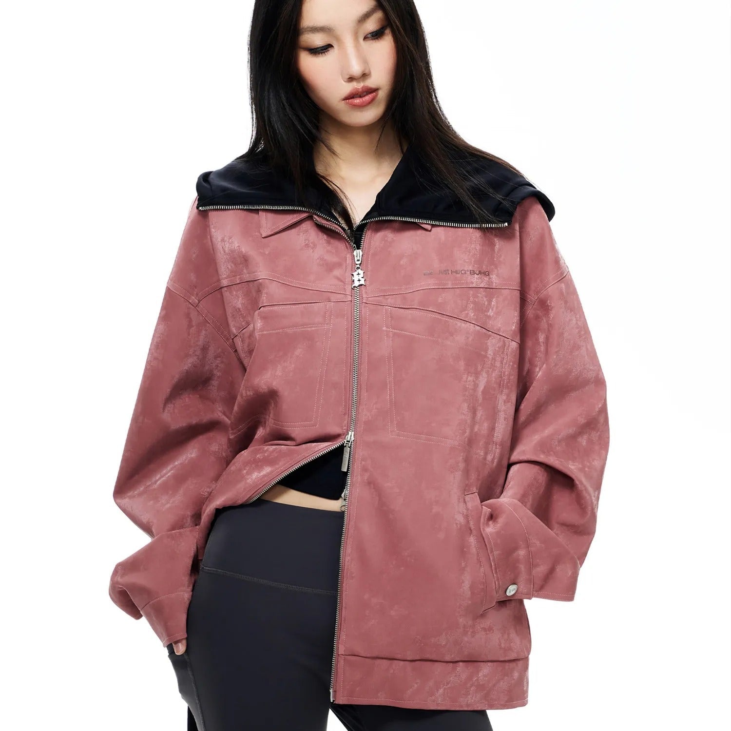 Hooded textured zip shirt jacket