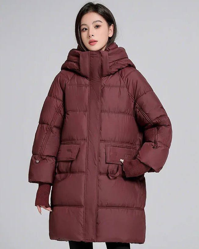 Long padded jacket with hood and pockets