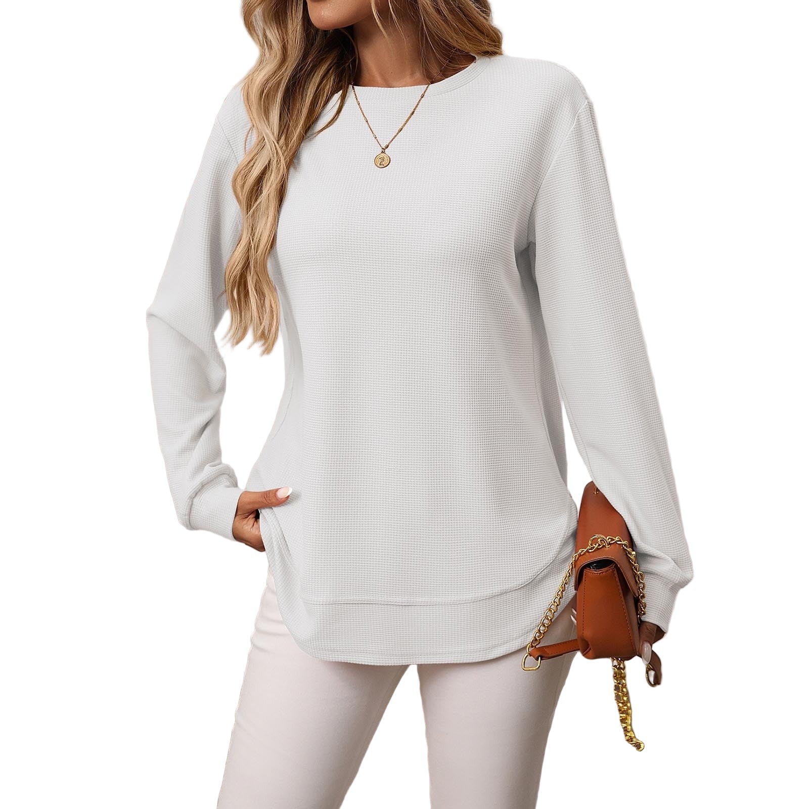 Long-sleeved waffle top with rounded hem