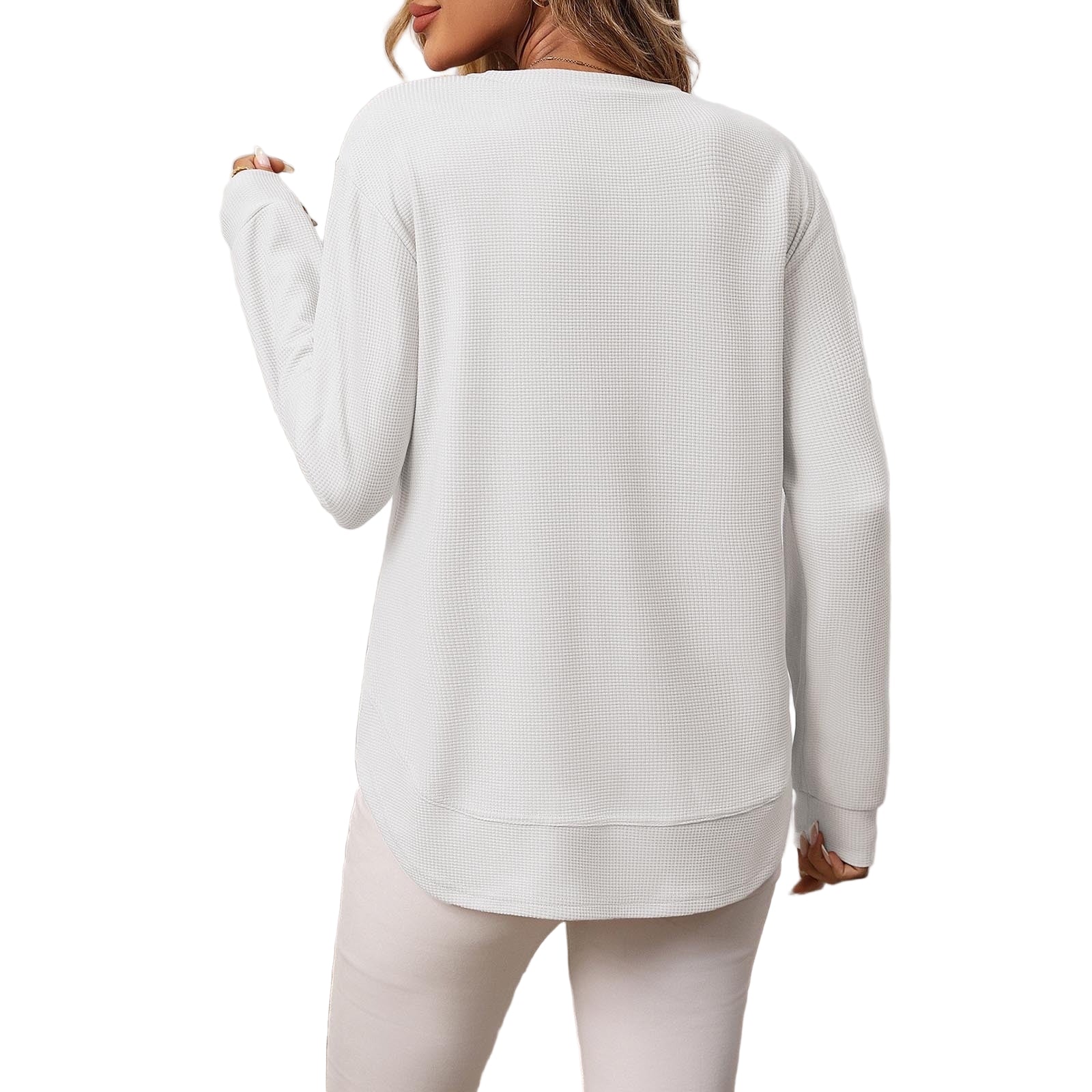 Long-sleeved waffle top with rounded hem