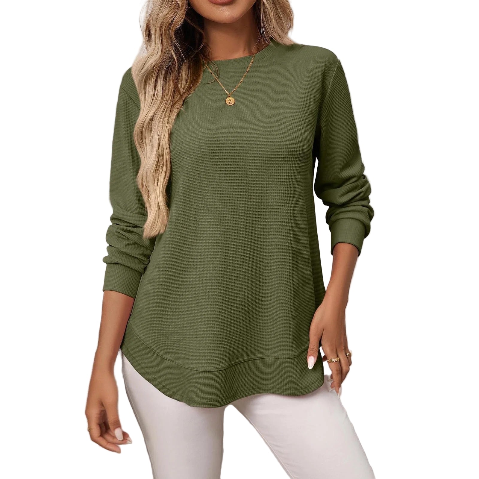 Long-sleeved waffle top with rounded hem