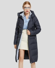 Long padded jacket with hood and zip pockets
