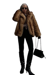 Brown luxurious coat with wide collar