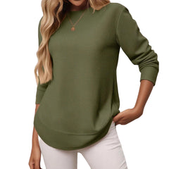 Long-sleeved waffle top with rounded hem
