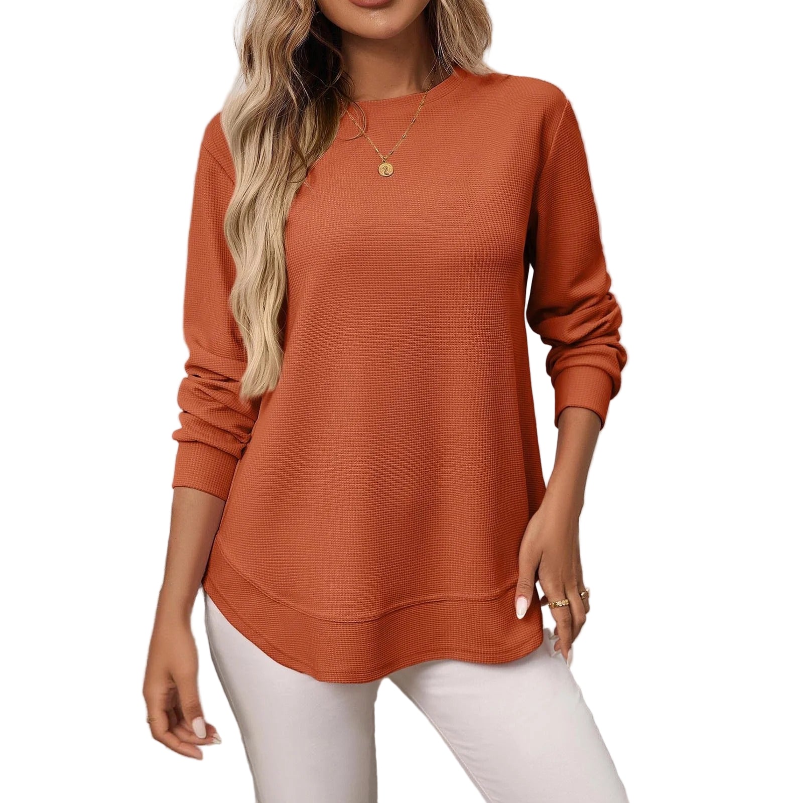 Long-sleeved waffle top with rounded hem