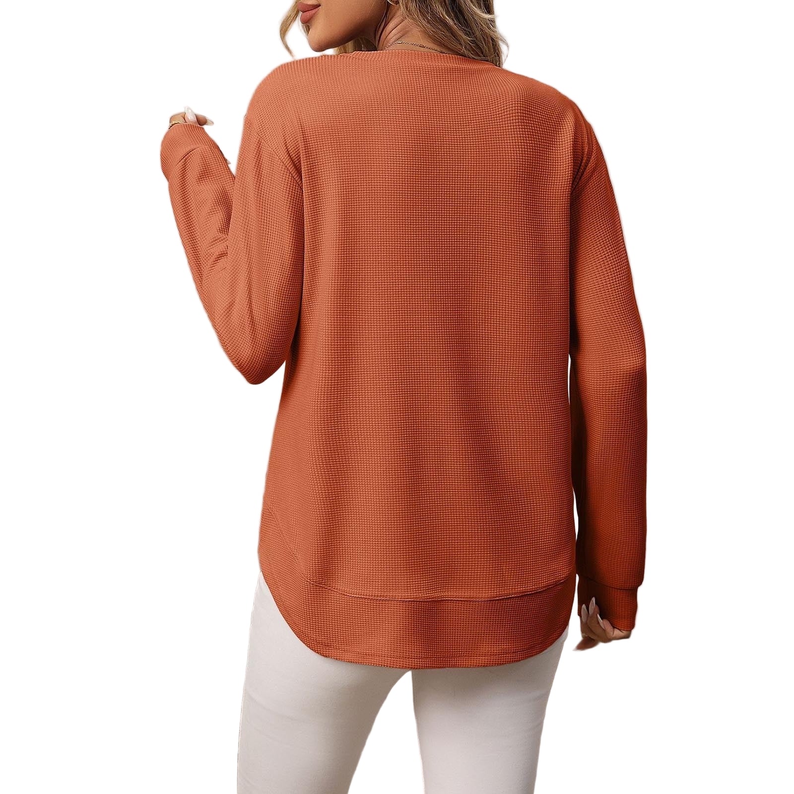 Long-sleeved waffle top with rounded hem