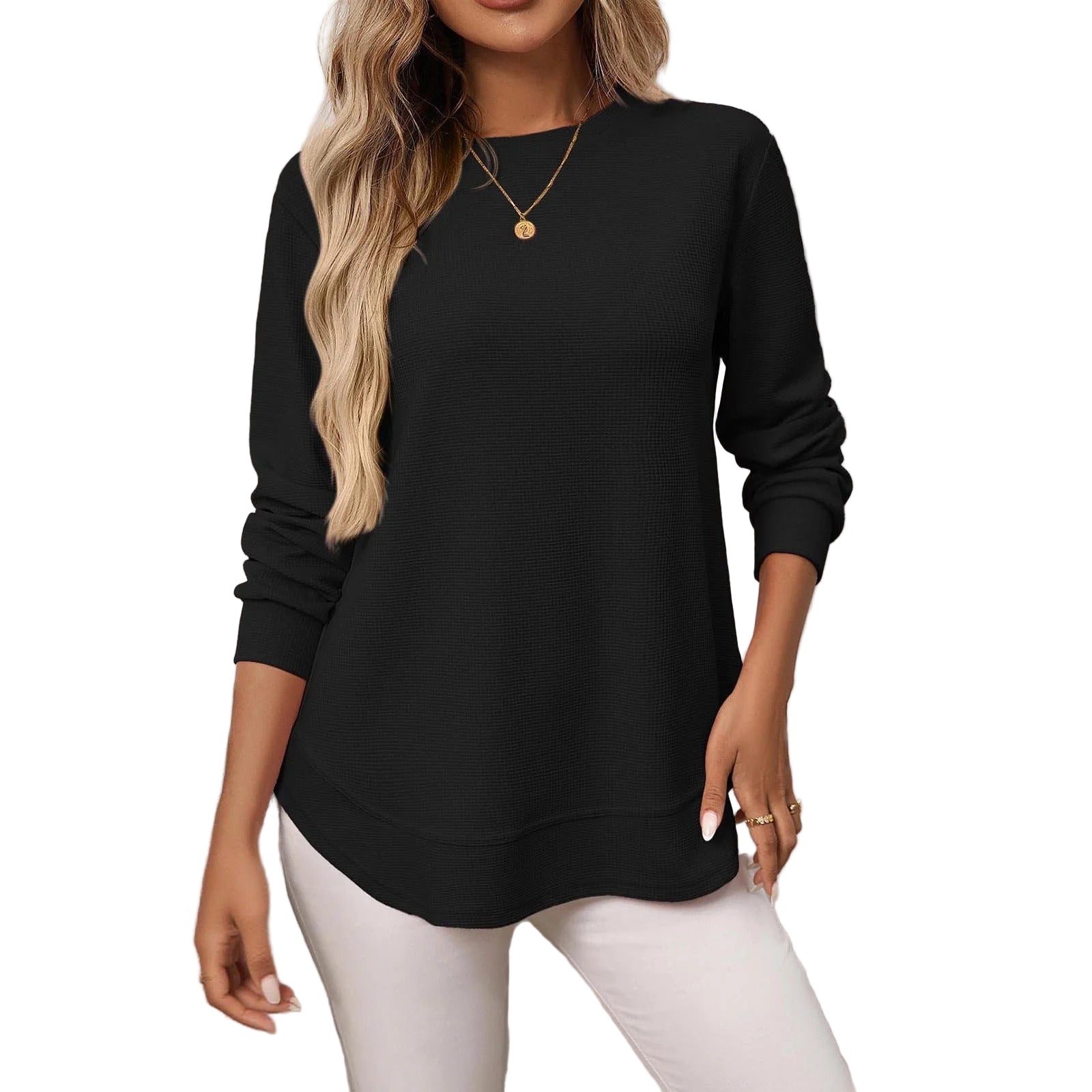 Long-sleeved waffle top with rounded hem