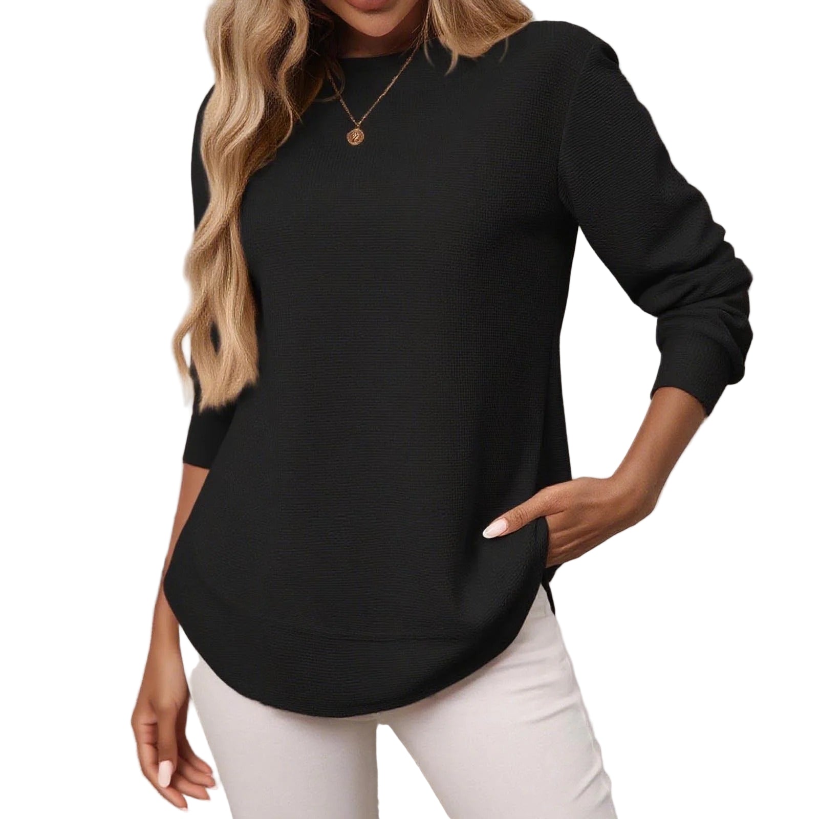 Long-sleeved waffle top with rounded hem