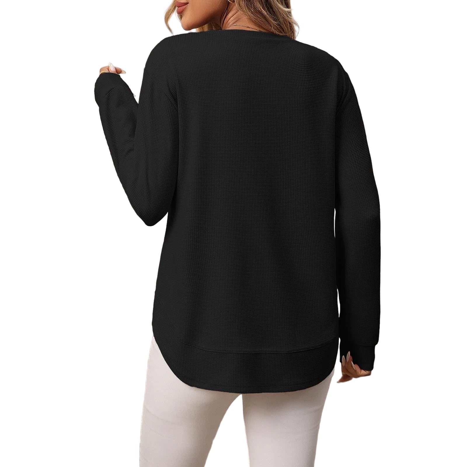 Long-sleeved waffle top with rounded hem