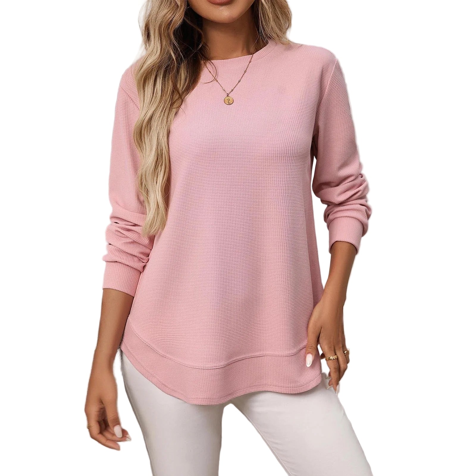 Long-sleeved waffle top with rounded hem