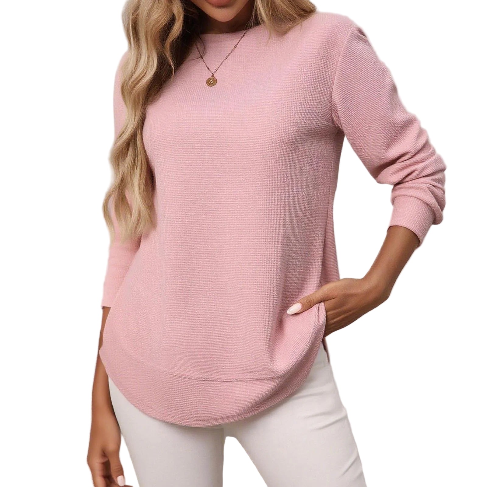 Long-sleeved waffle top with rounded hem