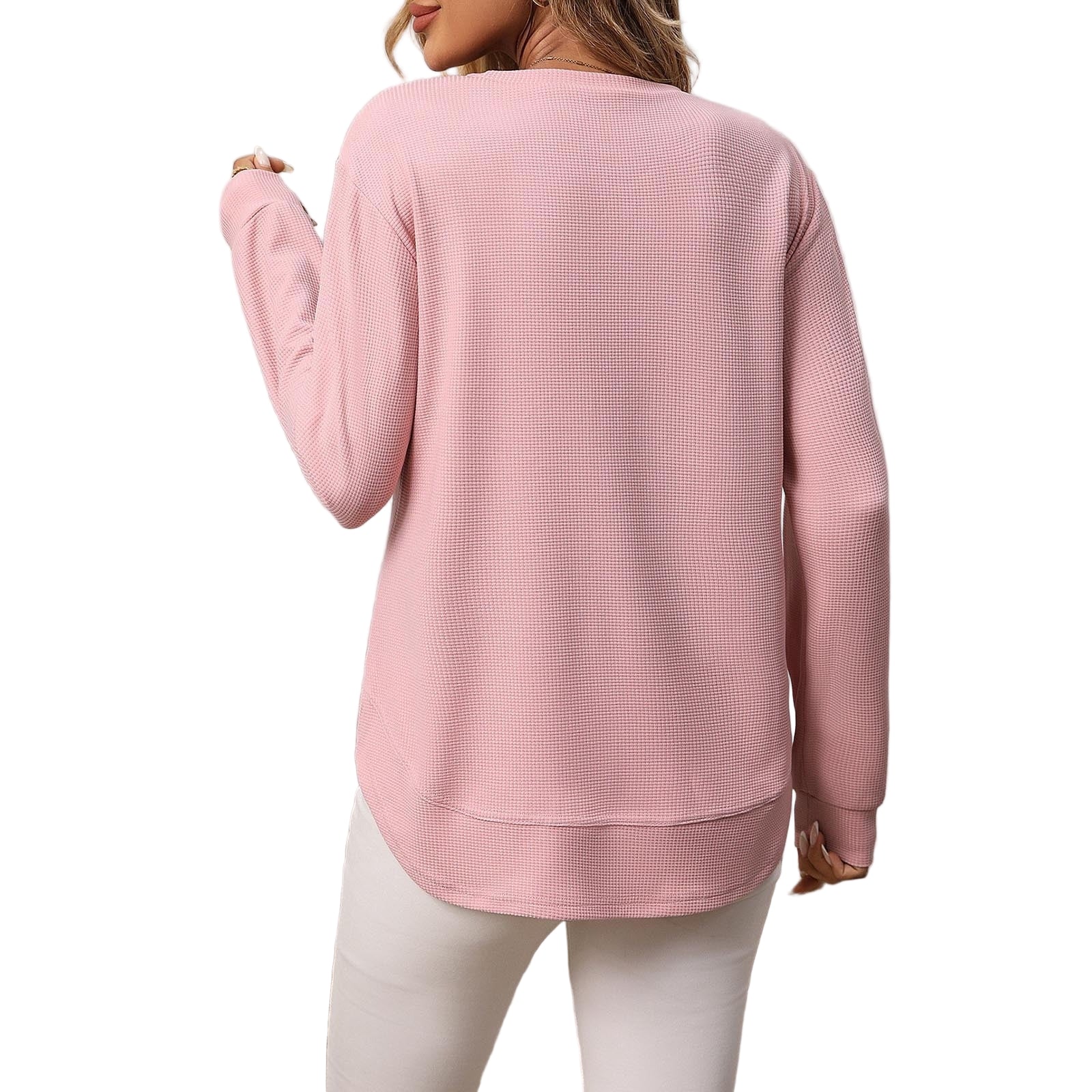 Long-sleeved waffle top with rounded hem