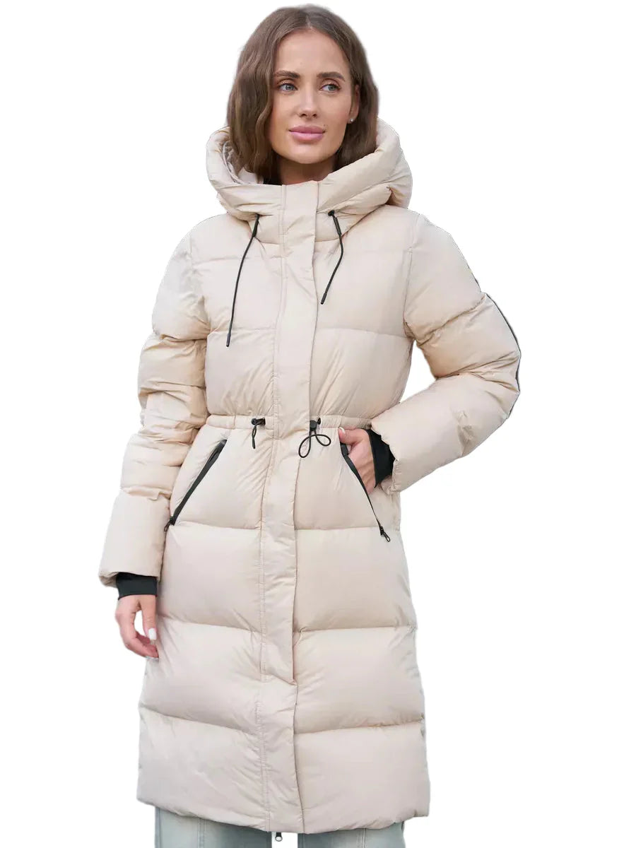 Long puffer parka with hood – adjustable waist and zip pockets