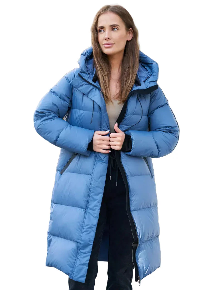 Long puffer parka with hood – adjustable waist and zip pockets