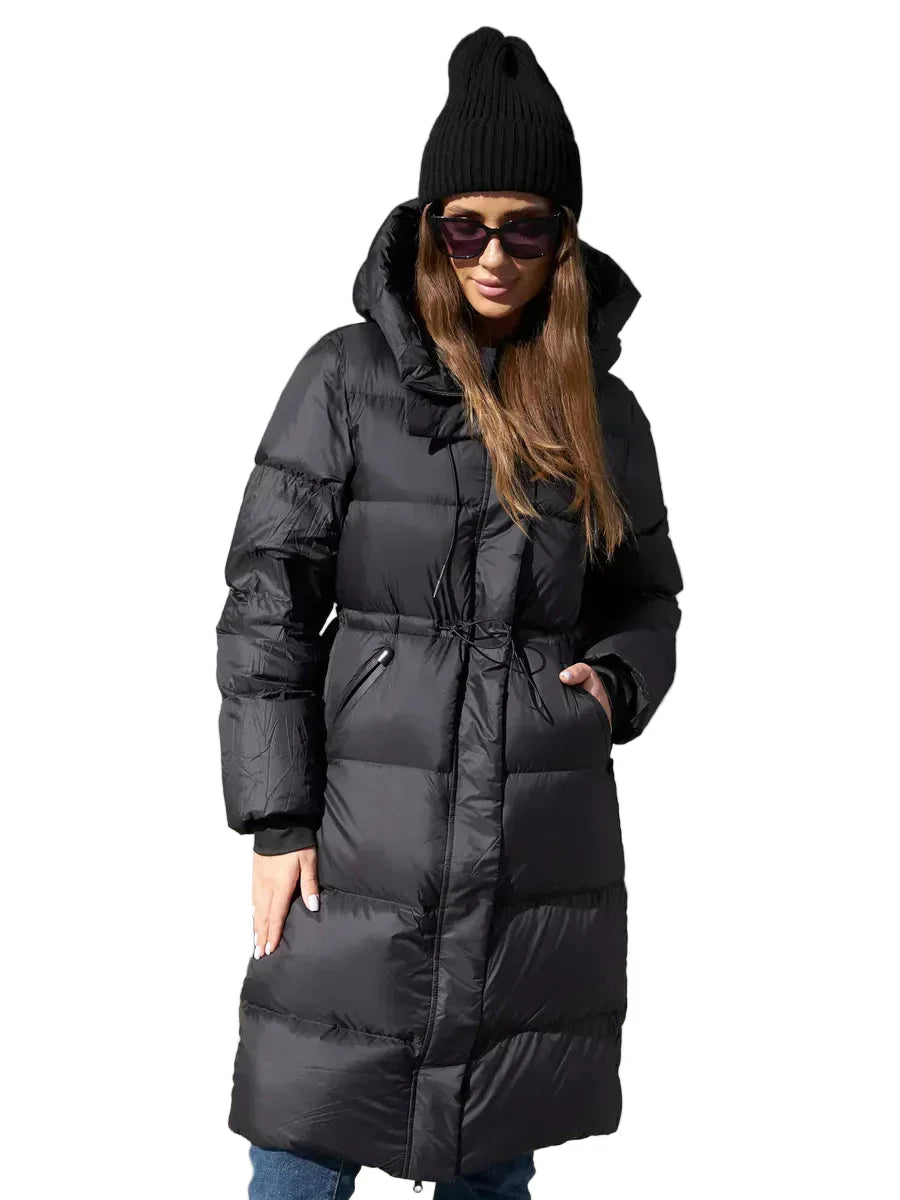 Long puffer parka with hood – adjustable waist and zip pockets