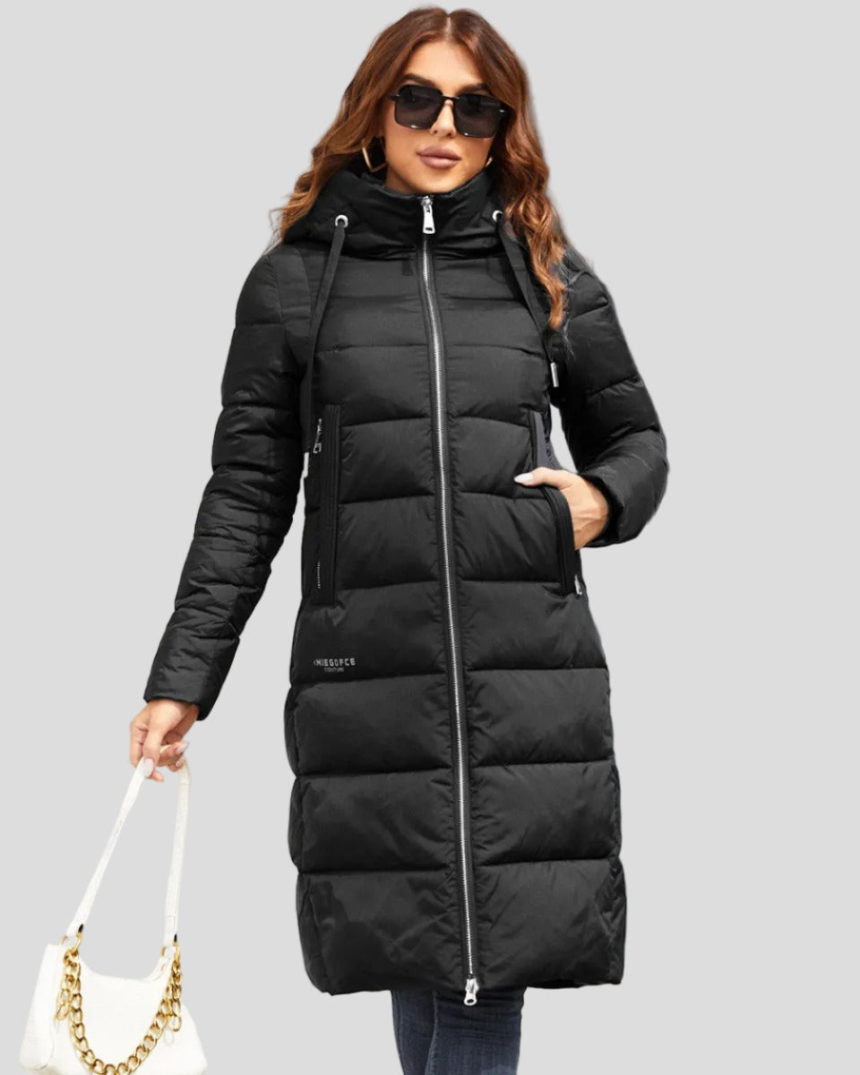 Long padded jacket with hood and zip pockets