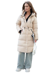 Long puffer parka with hood – adjustable waist and zip pockets