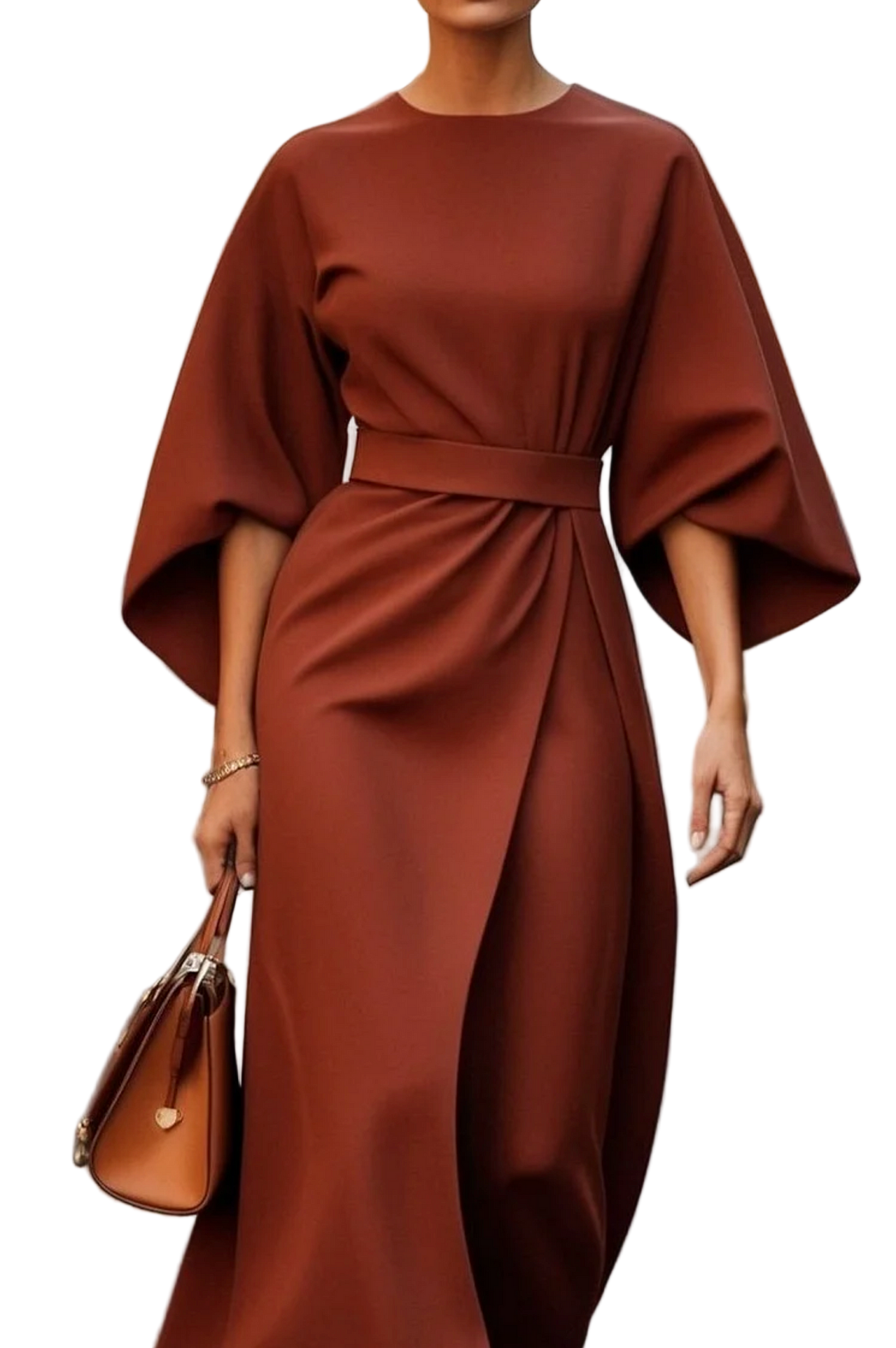 Elegant midi dress with belt and wide sleeves