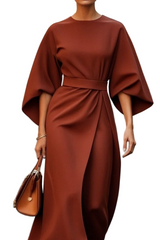 Elegant midi dress with belt and wide sleeves