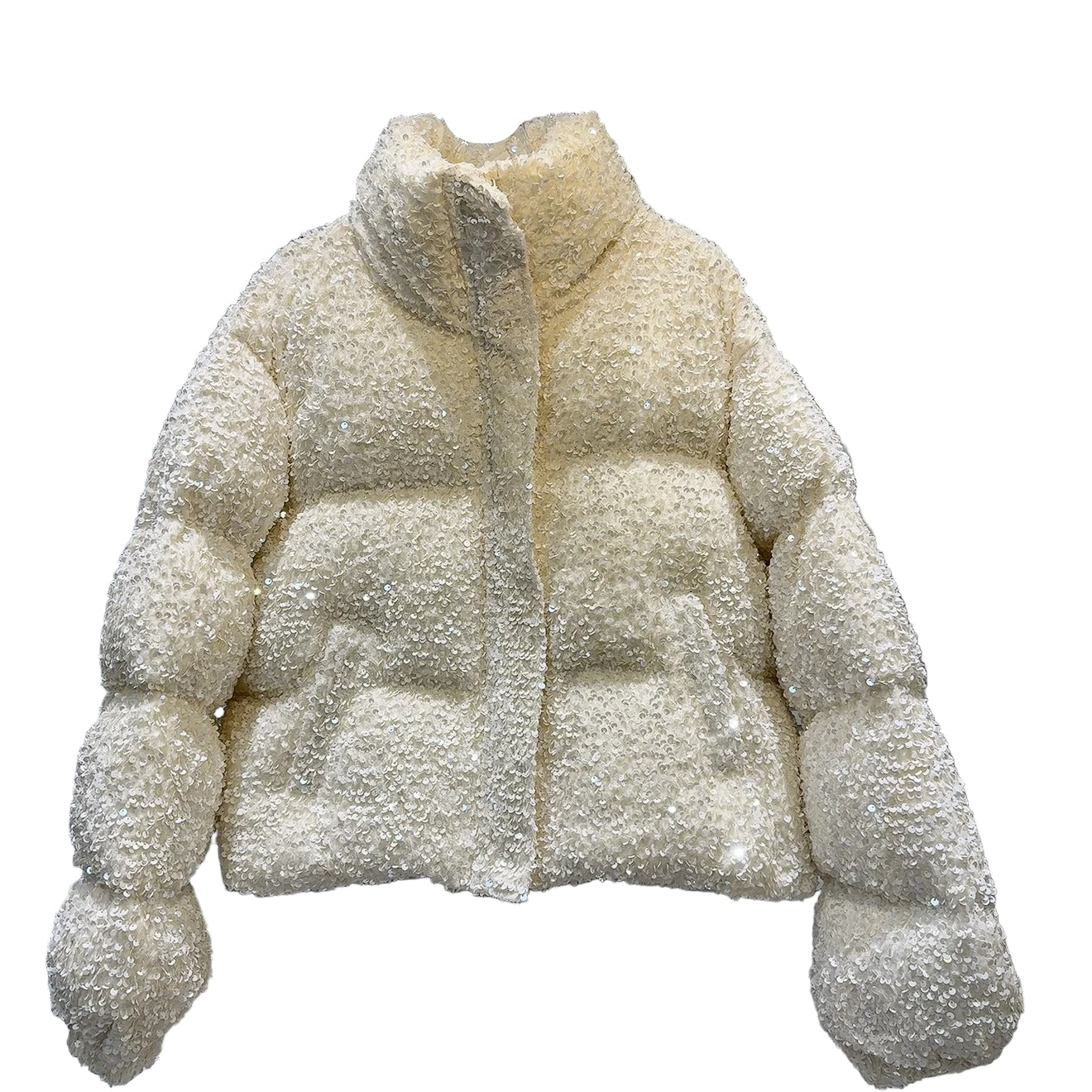 White puffer jacket with sequins and high collar