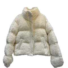 White puffer jacket with sequins and high collar