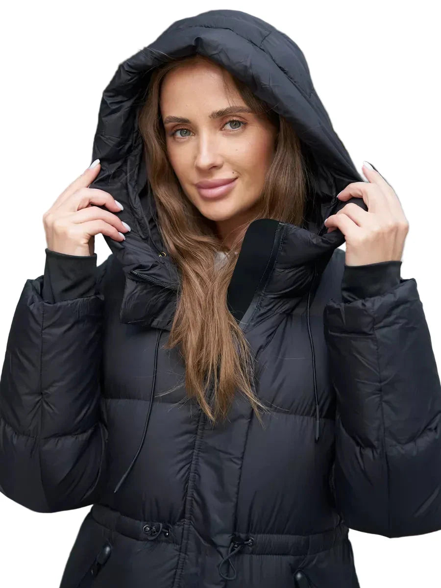 Long puffer parka with hood – adjustable waist and zip pockets