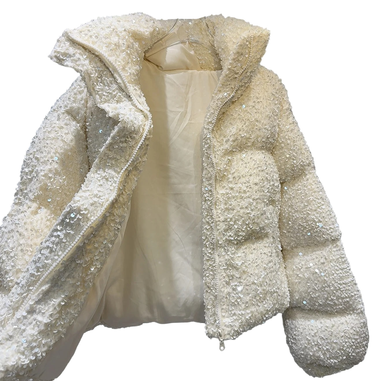 White puffer jacket with sequins and high collar