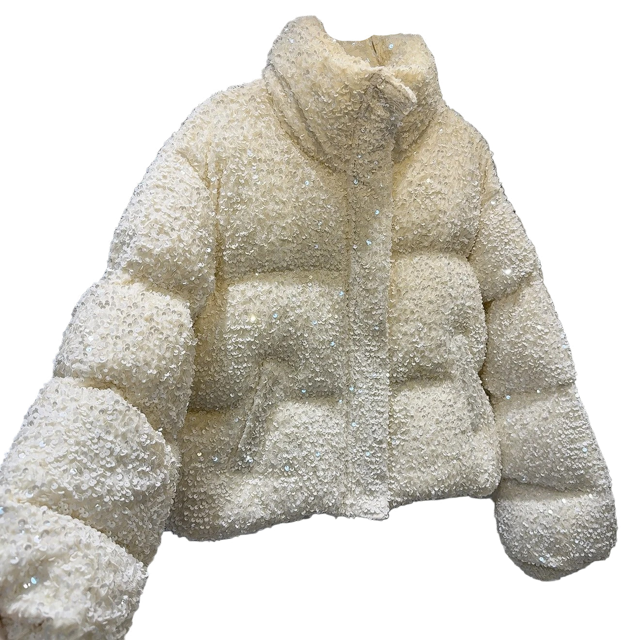 White puffer jacket with sequins and high collar