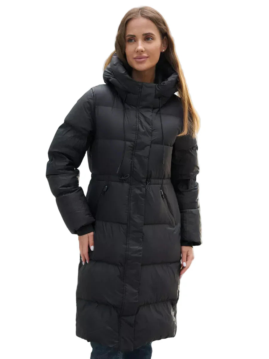 Long puffer parka with hood – adjustable waist and zip pockets