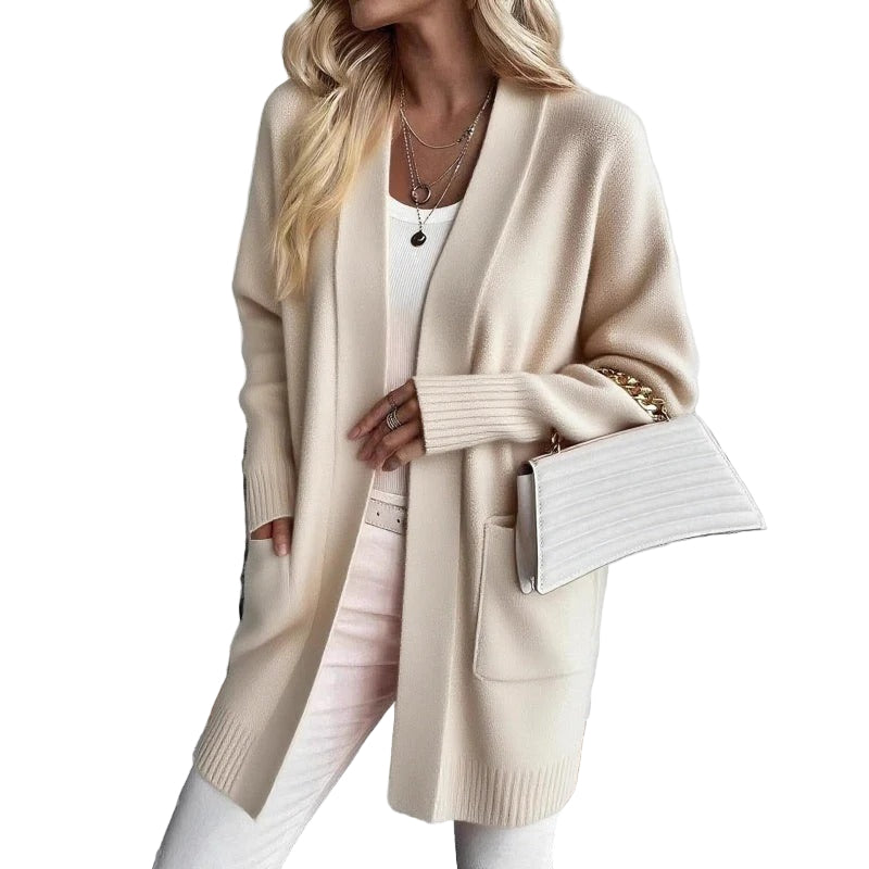 Long open cardigan with pockets and ribbed cuffs