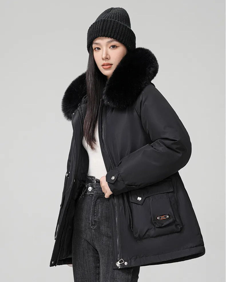 Puffer parka with fluffy collar and adjustable waist