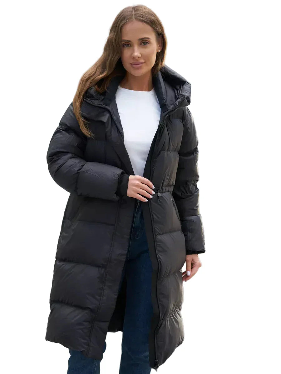 Long puffer parka with hood – adjustable waist and zip pockets