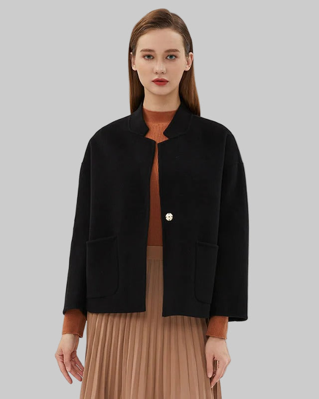 Boxy short jacket with single button closure