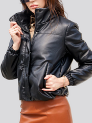 Puffer jacket with stand-up collar and snap button placket