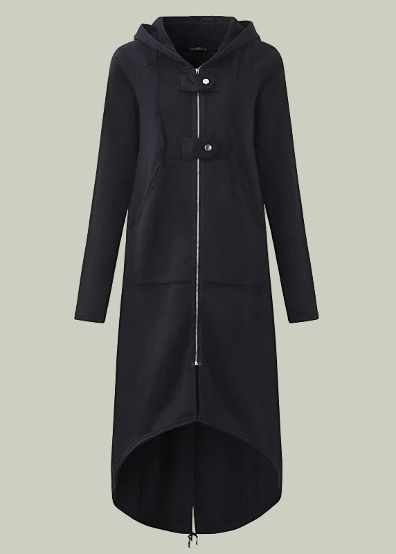 Long hoodie coat with high-low hem and zipper