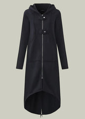 Long hoodie coat with high-low hem and zipper