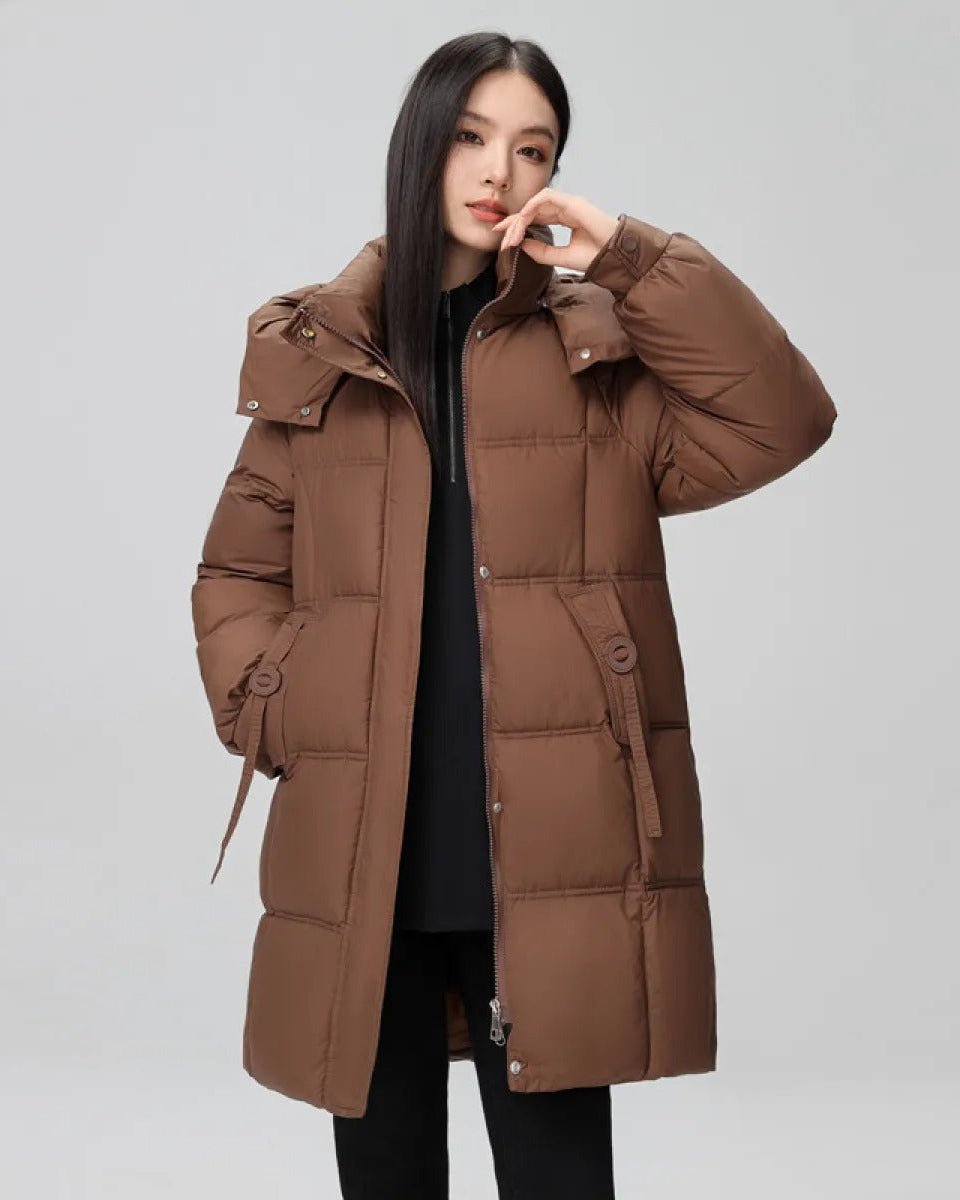 Long puffer jacket with high collar and hood