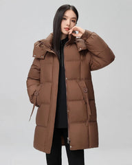 Long puffer jacket with high collar and hood