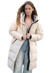 Long puffer parka with hood – adjustable waist and zip pockets