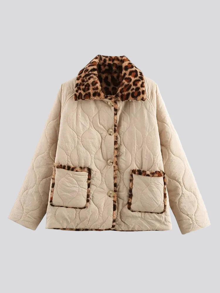 Cream double-sided quilted jacket with leopard details
