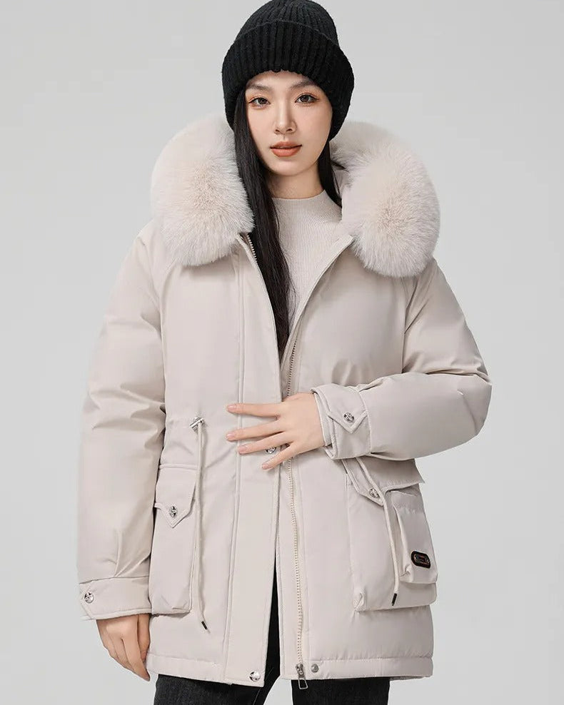 Puffer parka with fluffy collar and adjustable waist