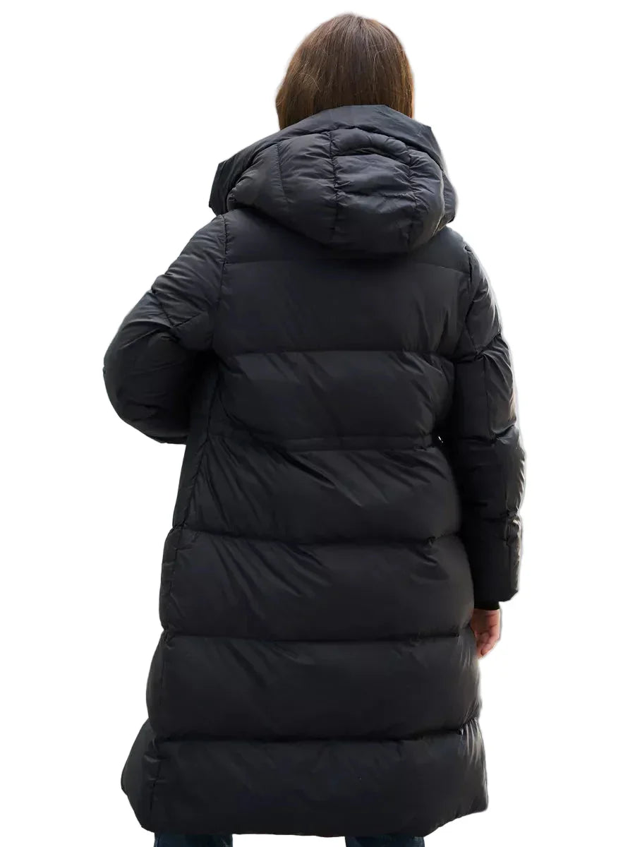 Long puffer parka with hood – adjustable waist and zip pockets