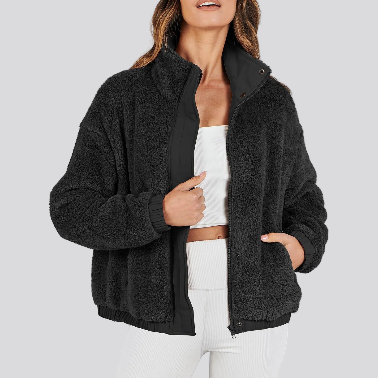 Oversized cozy zip jacket with stand-up collar