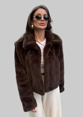 Brown fluffy short jacket with wide collar