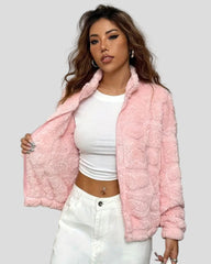 Pink plush jacket with heart structure and zipper